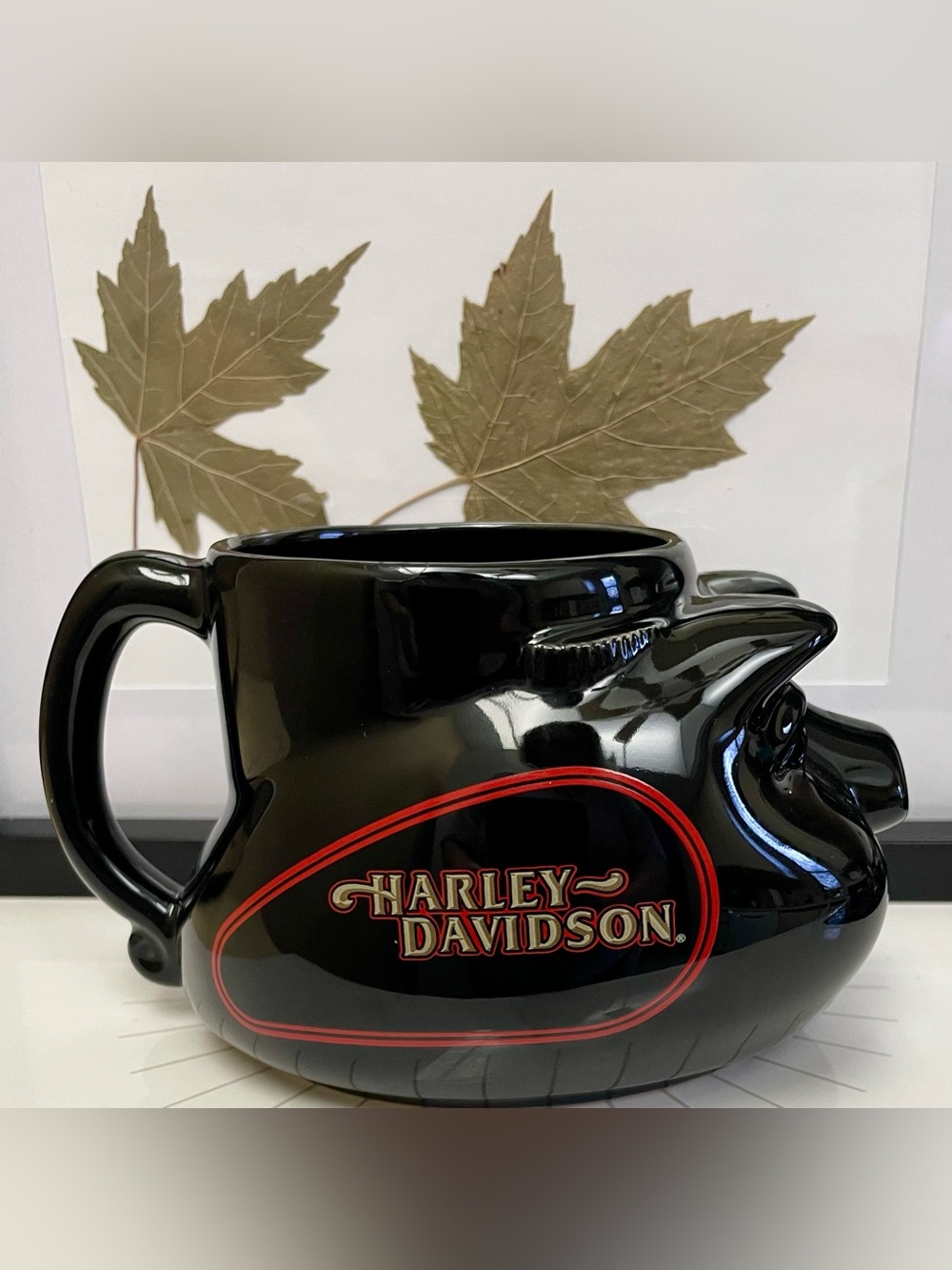 VTG 90's Harley-Davidson Fuel/Gas Tank Hog Face Design Coffee Mug. Black